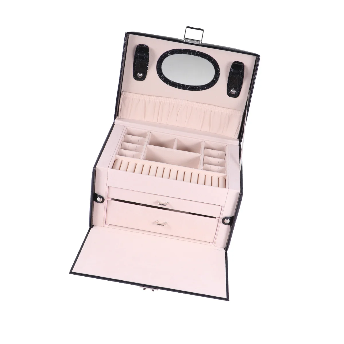 

3-слойная шкатулка для драгоценностей с замком, большой вместительный дорожный футляр для хранения для женщин, органайзер с несколькими отделениями, черный