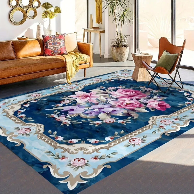 Elegant Vintage European Rose Floral Border Pattern Anti Slip Floor Rug Soft Flannel Carpet for Living Room Bedroom Home Decor
