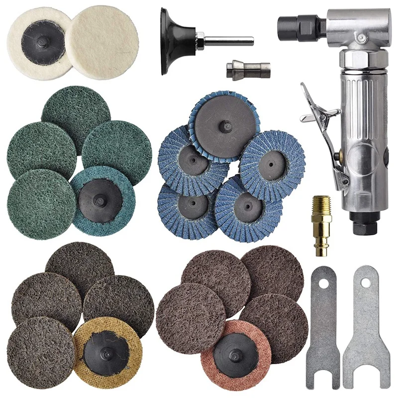 1/4 Inch Angle Air Die Grinder With 22Pcs 2-Inch Roll Lock Sanding Discs, Polished Angle Pneumatic Die Grinder Kit