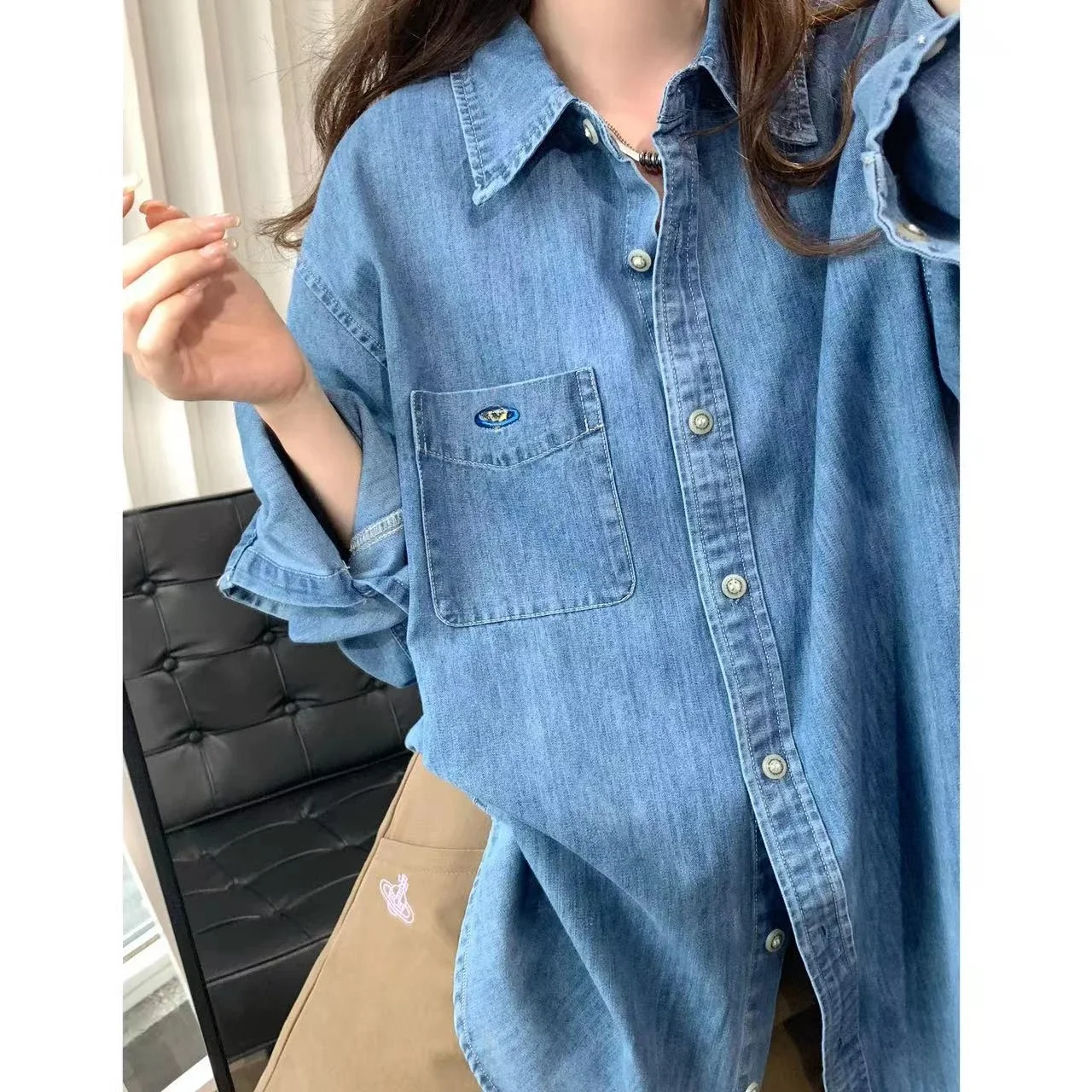 

spring Denim Shirt For Women embellishment old washed blue shirt Jackets retro casual blouses Saturn embroidery Tops