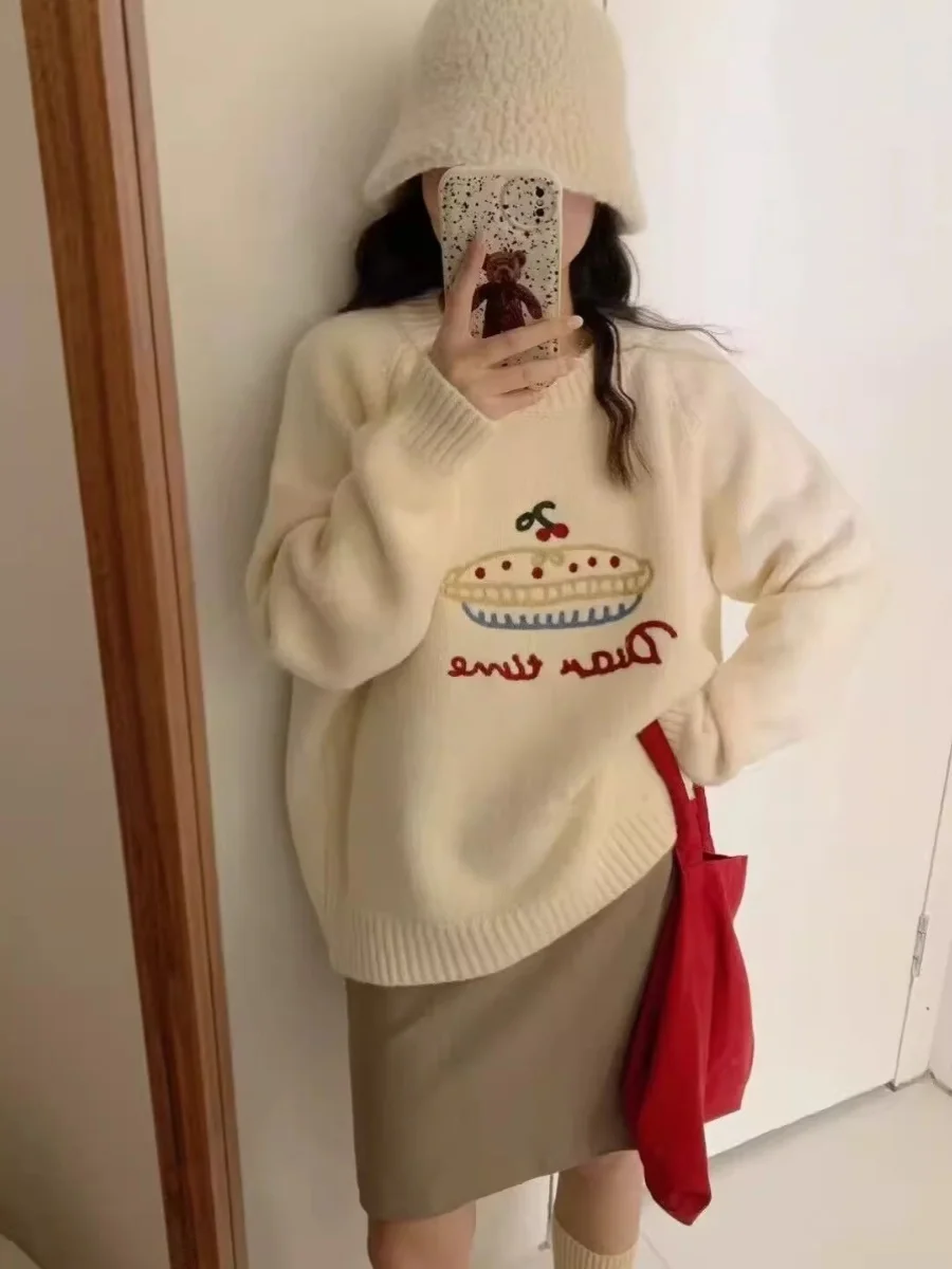 

Милый вязаный свитер на голову, женский свободный свитер ярких цветов, круглый, осень-зима, новый универсальный трикотаж, топ для колледжа