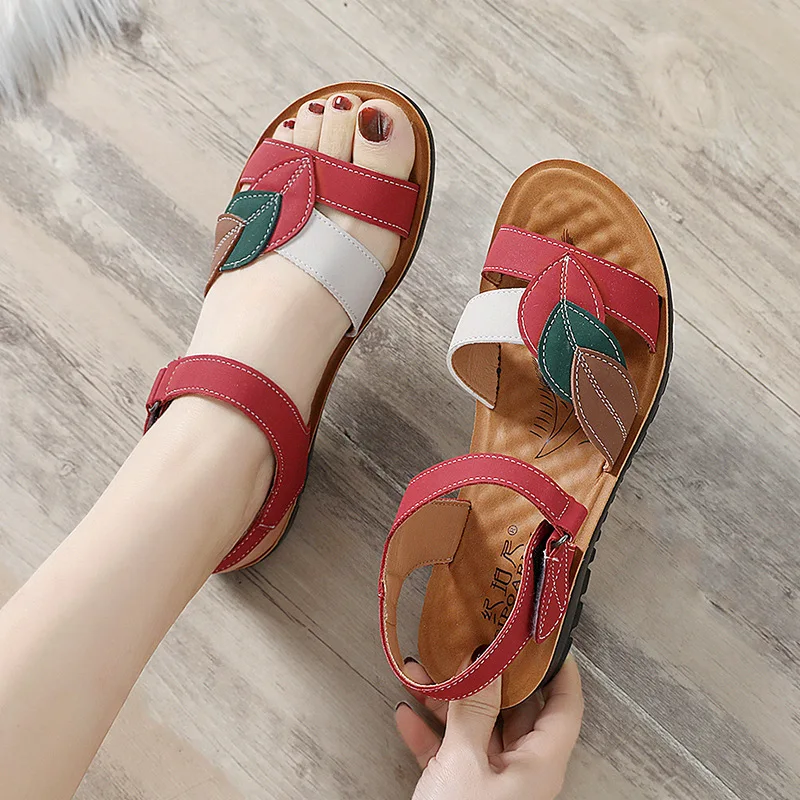 Women Sandals 2024 Fashion Genuine Leather Wedges Shoes For Women Summer Flat Non-slip Soft Bottom Elderly Beach Casual Shoes