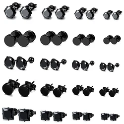 WKOUD 1 Pairs Stainless Steel Black Stud Earrings For Men Women Earring Set CZ Inlaid