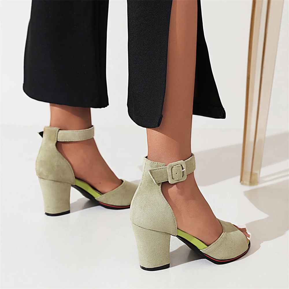 High-heeled Women Sandals 2024 Summer Wild High-heeled Shoes With a Word Buckle Small Size Peep toe Suede Roman Sandals 33-43