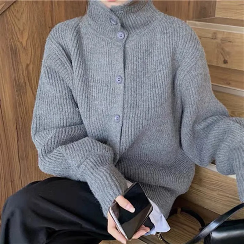 

Solid Color Knitted Cardigan Top Outwear Fashion 2023 Autumn/Winter New High Neck Sweater Coat Women's Loose and Thickened