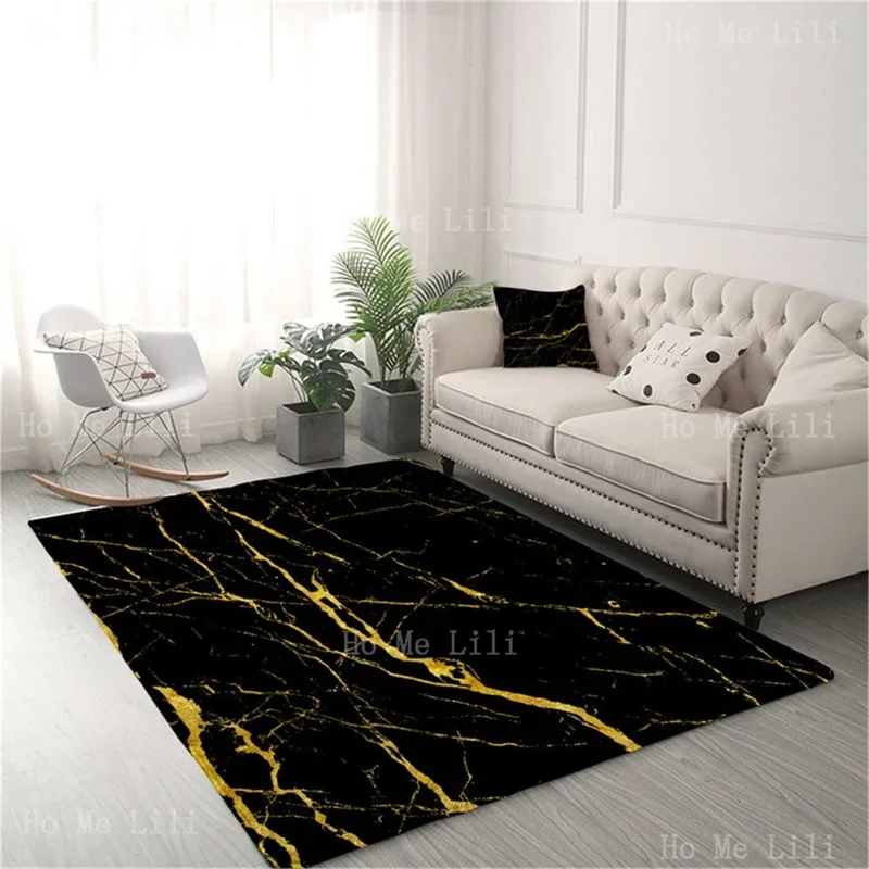 Modern Gold Glitter Black And White Marble Stone Center Flannel Floor Rugs Trendy For Bedroom Living Room Carpet