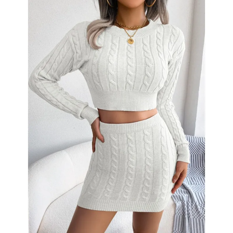 Women\'s Two-piece Knitted Skirt Long Sleeved Exposed Navel Solid Color Knitted Mini Skirt Set Tight Fitting Pullover Sweater Set