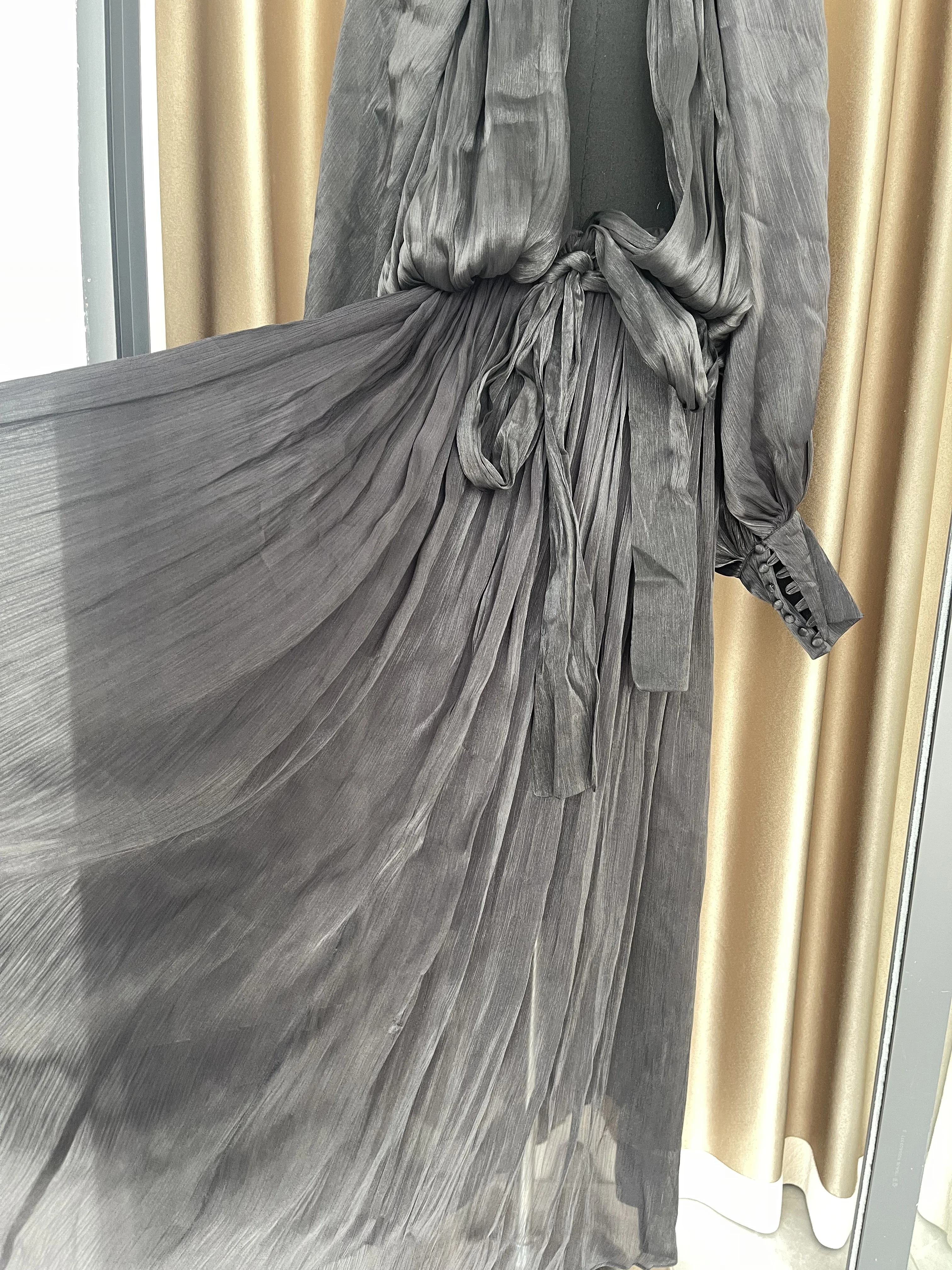 Vestido de Gala elegante para fiesta de noche, Sexy, liso, elegante, con cuello levantado, manga larga, cintura alta, con cordones, para discoteca, ropa para espectáculo nocturno