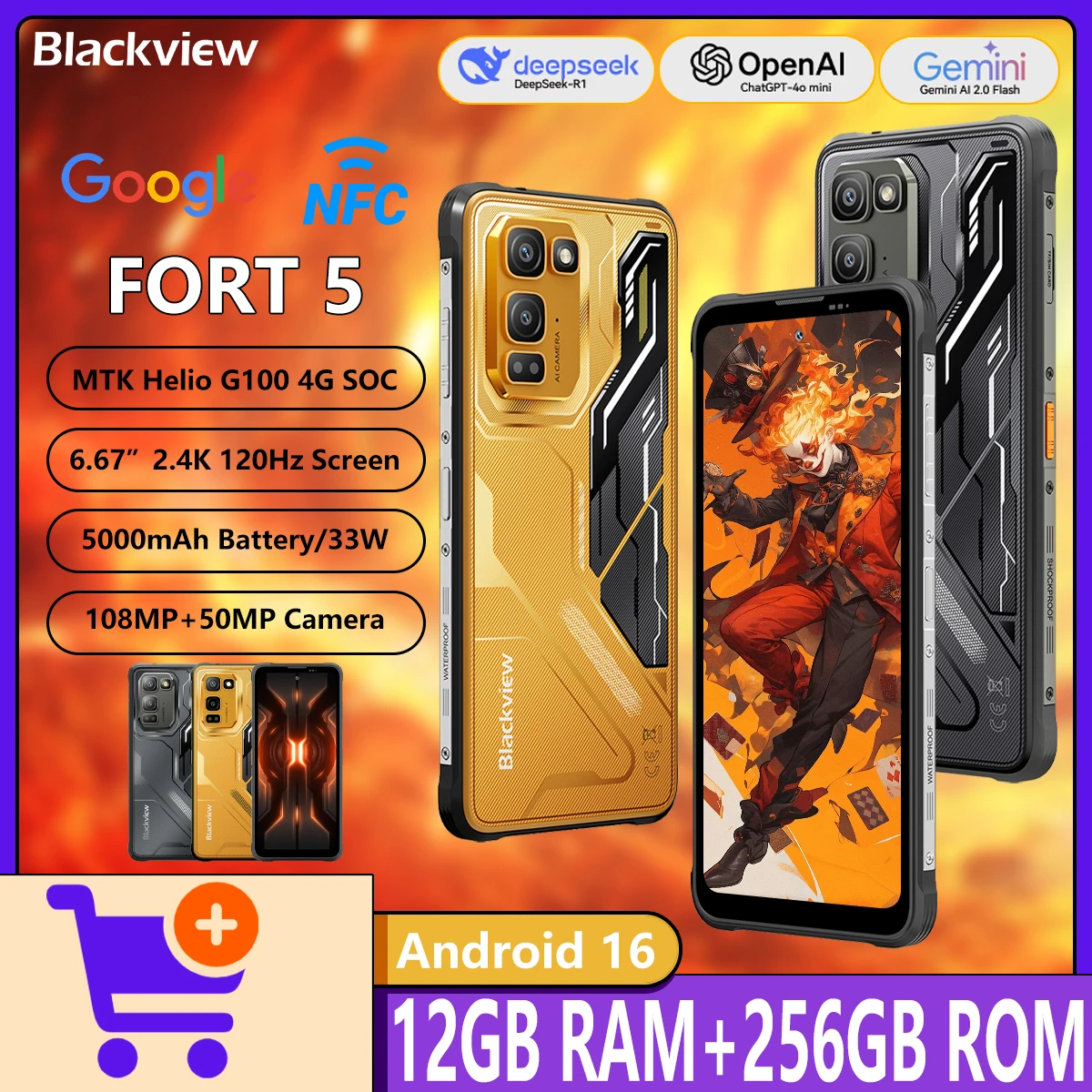 Blackview Fort 5 Rugged Smartphone 6.78" 120Hz 2.4K Display MTK Helio G100 4G 5000mAh Battery 108MP Camera 2W BOX Speaker