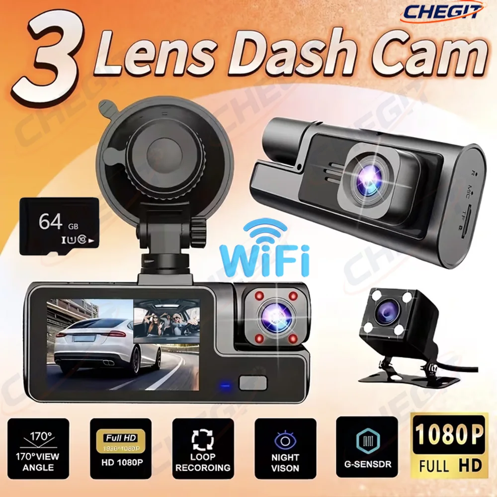 2026 WIFI Car DVR 3 Channel 3 shots Dash Cam for Cars 1080P HD Video Recorder Car DVR Black 2inch Black Box Car accessory