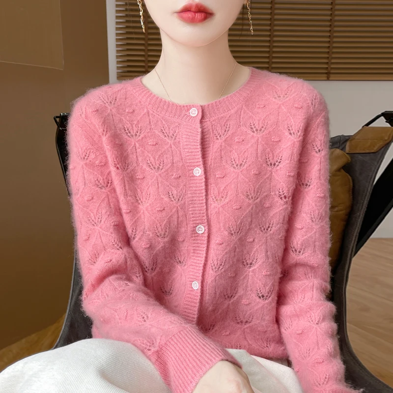 2024 Autumn/Winter New Round Neck Hollow 100% Merino Wool Knitted Cardigan Women\'s Versatile Coat Loose Casual Sweater DMR D281