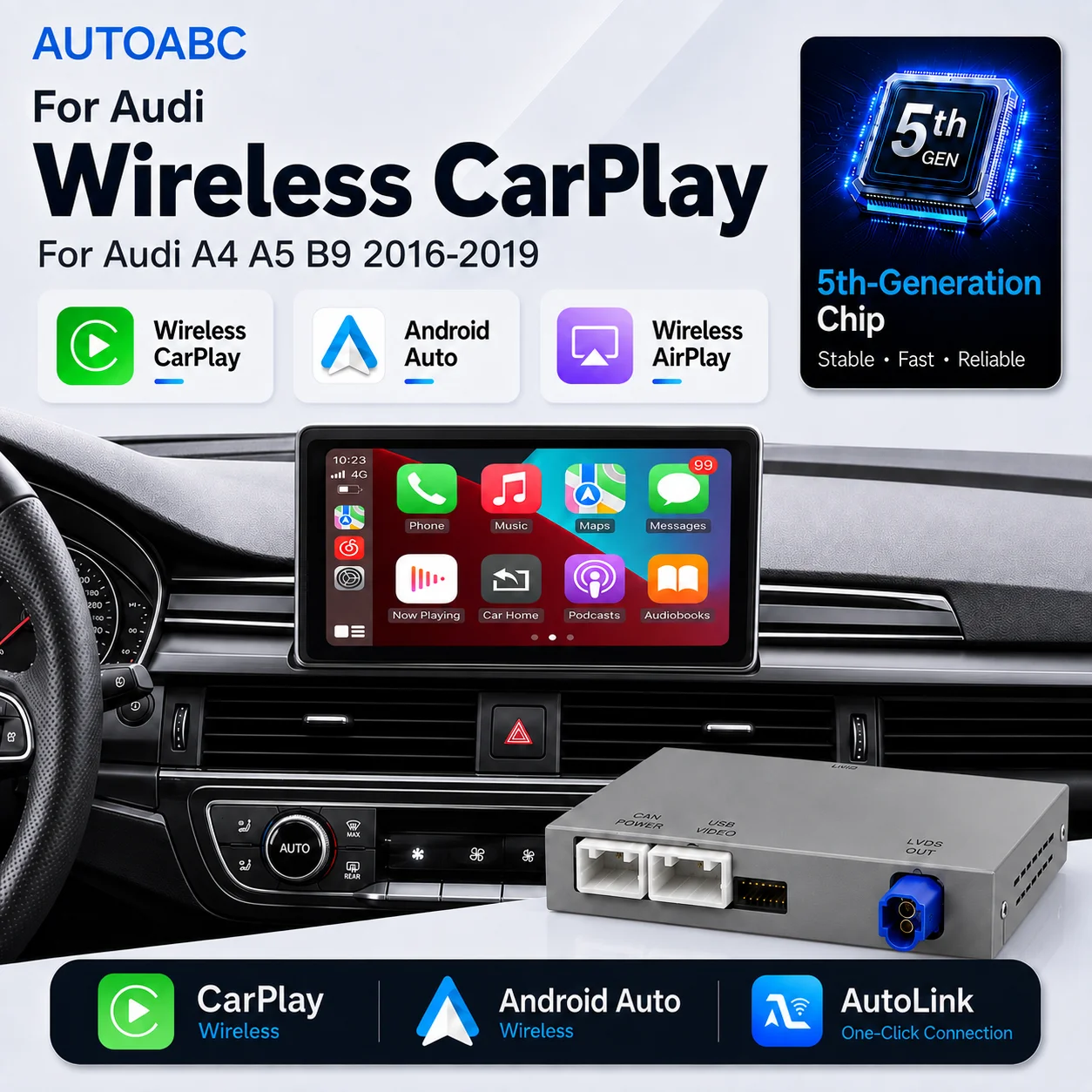 Interfejs AUTOABC Wireless CarPlay Android Auto AirPlay Mirror Link do Audi A4 B9 A3 A5 Q7 2016-2019, kamera cofania multimedialna