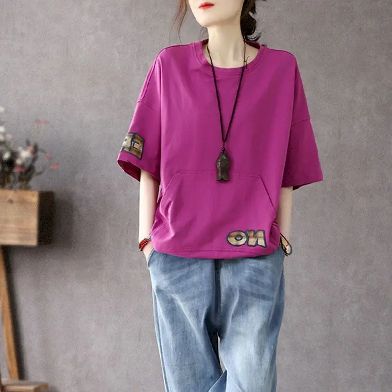 100% Cotton Mid-sleeve T-shirt Women Summer Casual Loose T Shirt Patch Embroidery Hem Elastic Drawstring Five-point Sleeve Tops