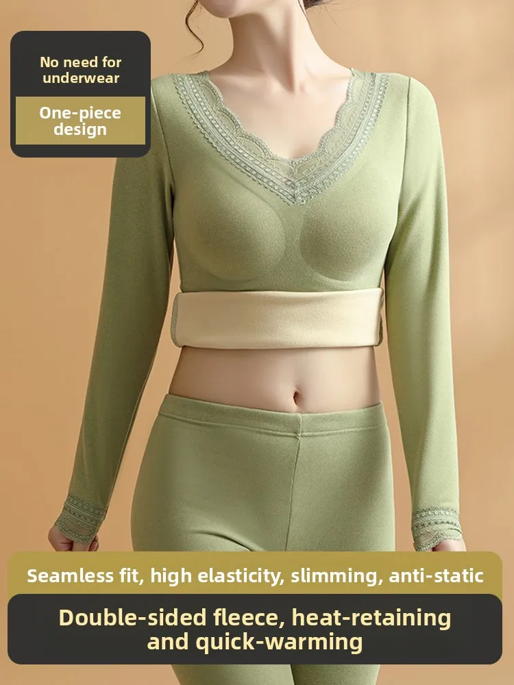 

Женский теплый комплект нижнего белья Thiened Double-Sided De, осенне-зимний новый комплект из двух предметов с накладкой на грудь