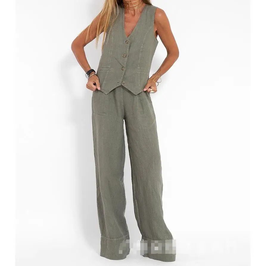 Моющийся лоскутный хлопковый льняной жилет и брюки, комплект повседневного женского ансамбля Ele, весна 2024, без фирменной рекламной марки