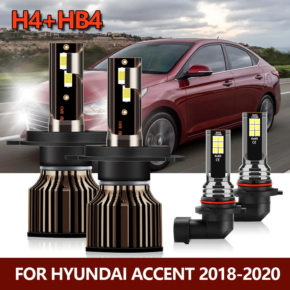 4x LED Headlight Bulbs Hi/Lo H4 + Fog Lamp HB4 9006 Combo Auto Car Kit For Hyundai Accent 2018 2019 2020