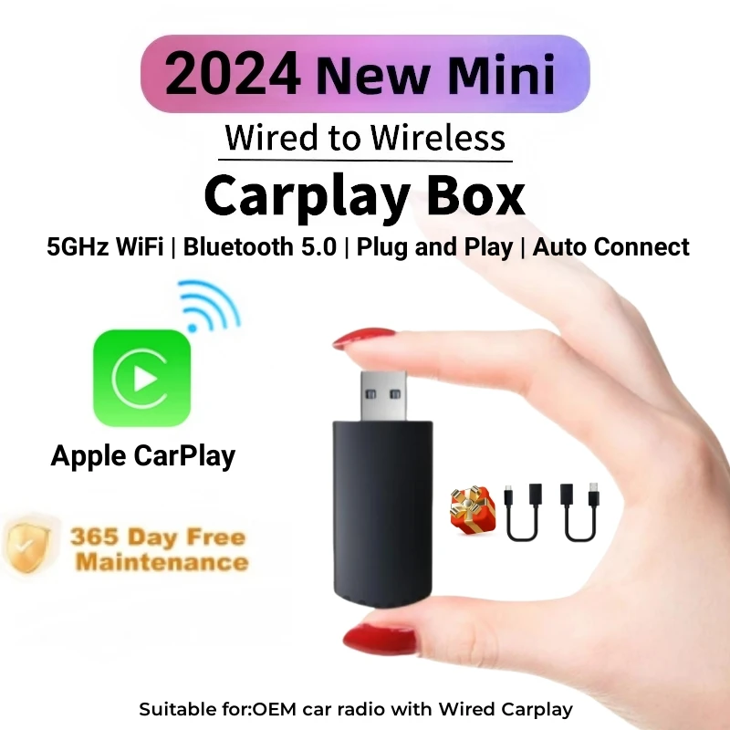 2024 Mini Apple CarPlay Wireless Adapter Car Play Dongle Bluetooth 5G WiFi Fast Connect Plug and Play for OEM Wired CarPlay Car