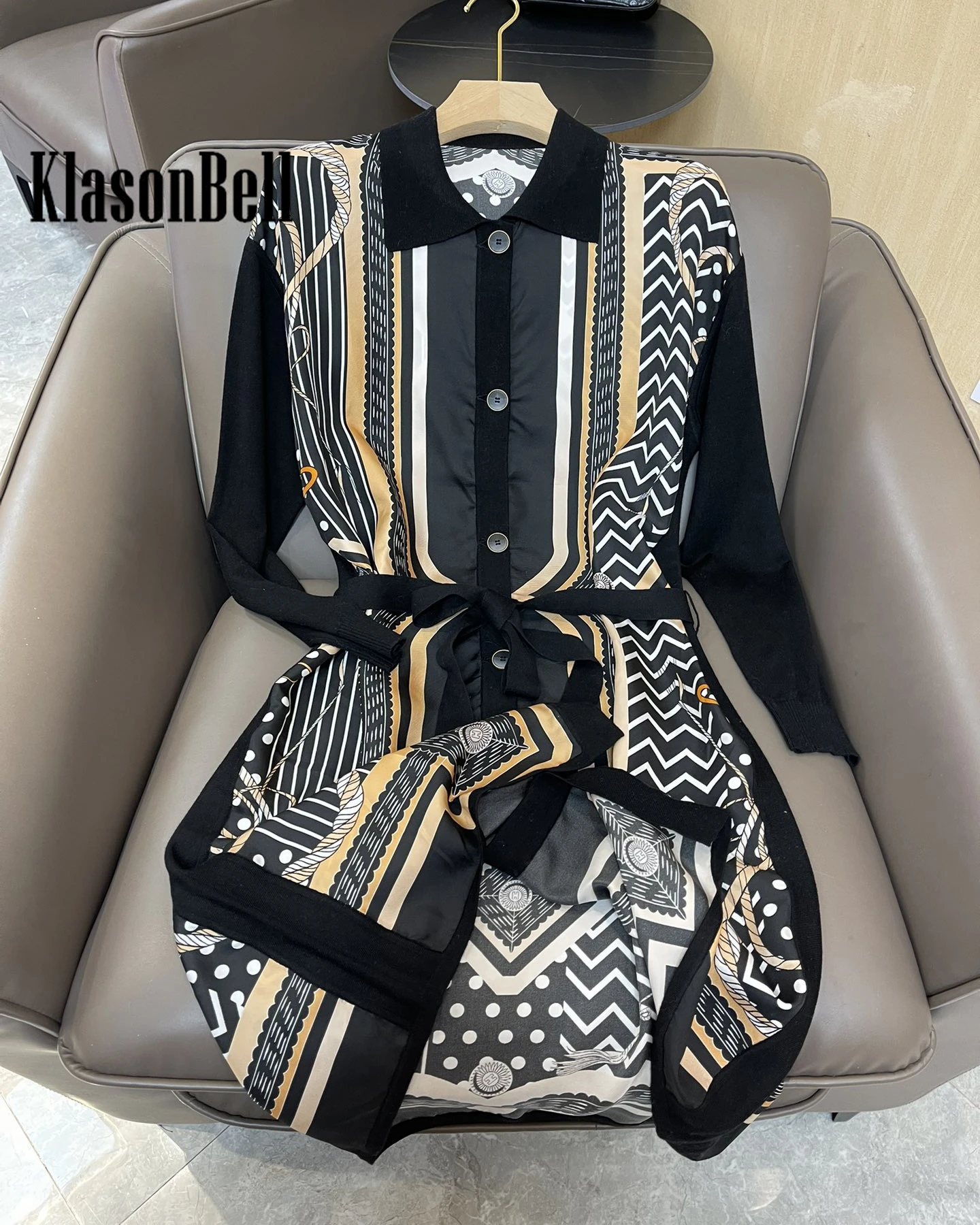 9.25 KlasonBell Vintage Silk Print Pattern Long Sleeve With Belt Long Knitted Cardigan Women