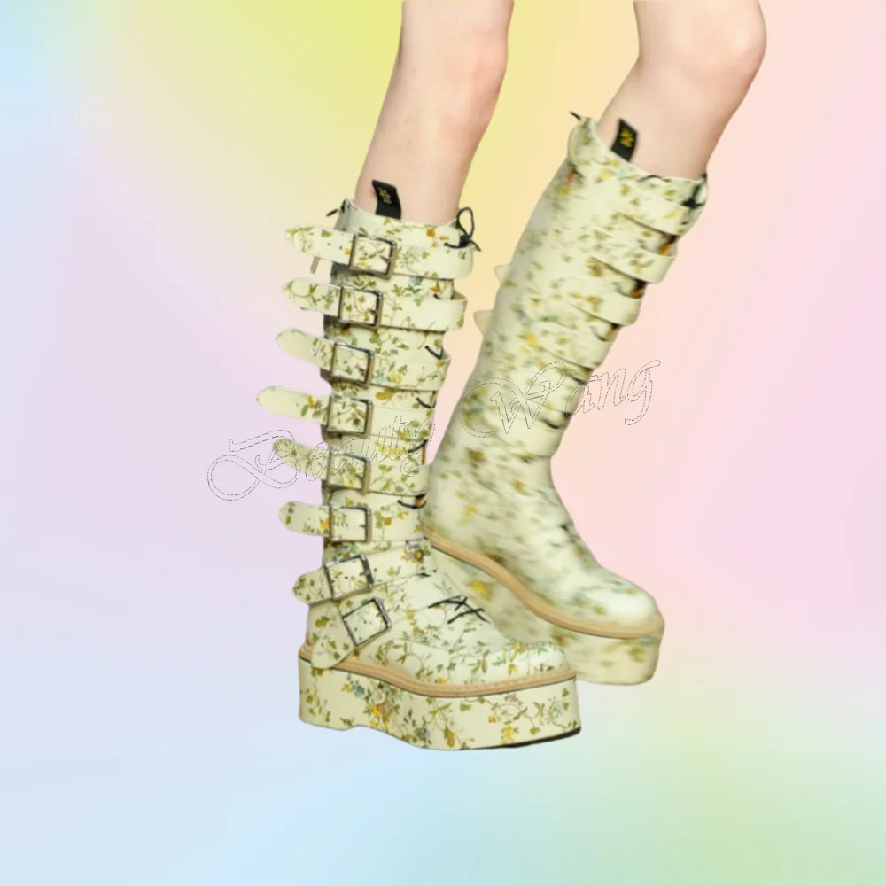 

Beige Multi Flower Decor Boots Platform Side Belt Decor Round Toe Shoes High Heel Shoes for Women Shoes 2025 Zapatos Para Mujere