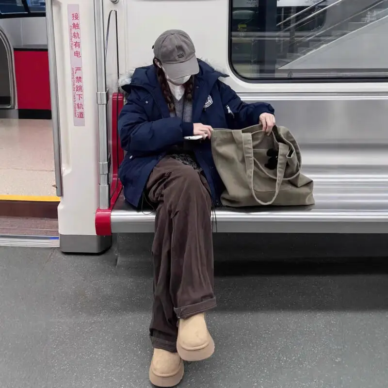 Zimowa kurtka dziewczęca ocieplana bawełną, zapinana na zamek, krótka kurtka, gruba, ocieplana polarem, odzież robocza, styl preppy, parka.