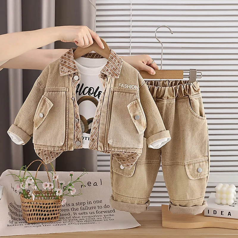 Toddler Outfits 1-5T Baby Boy Clothes Korean Fashion Patchwork Denim Coat + White T-shirts + Pants 3 Piece Set Kids Boys Suit