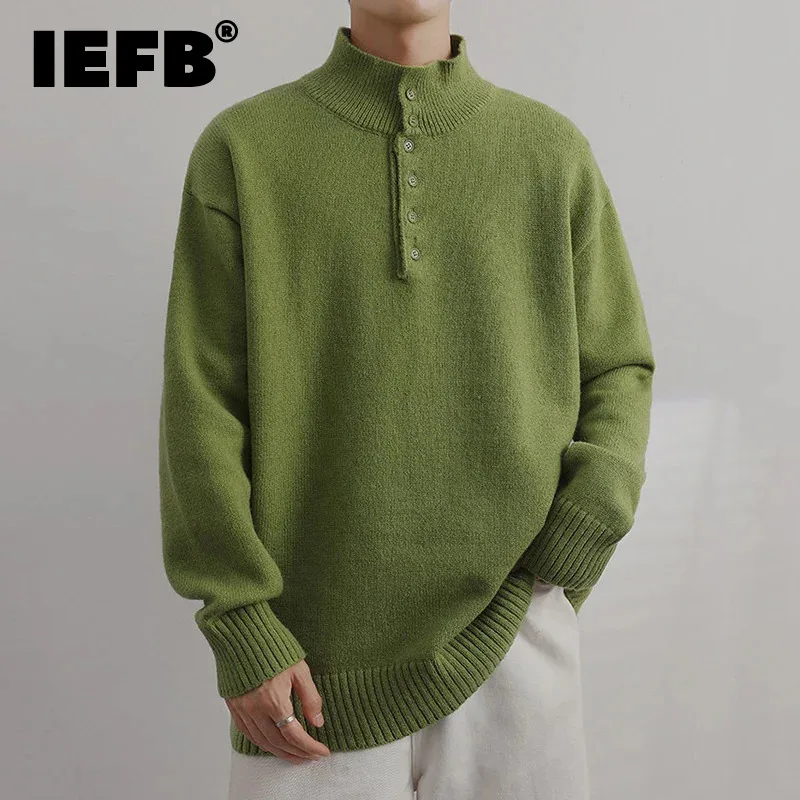 

IEFB Minimalist Men's Sweaters Mock Neck Button Design Casual Solid Color Pullover Loose Autumn Male Clothing New 2024 9C7794