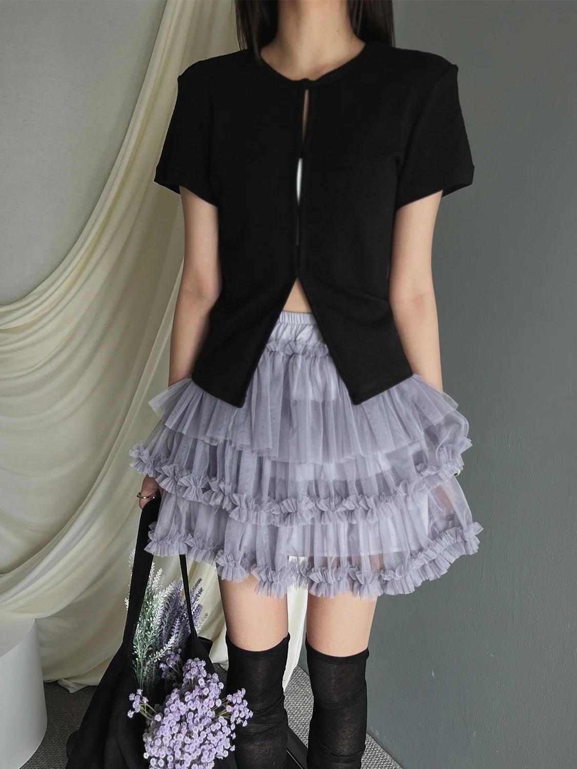 تنورة منفوشة جديدة بتصميم عتيق لعام 2025 للنساء، تنورة قصيرة بخصر مرتفع على شكل حرف A مع حواف بنمط الخشب، تصميم كوري أنيق للعمل #5