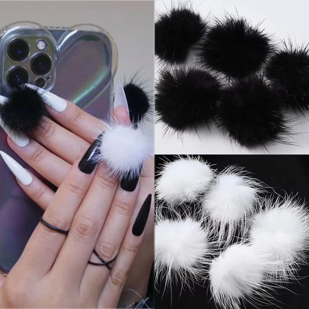 5pcs/Box Black White Fluffy Mink Pom Nail Art Charms Detachable Magnet Hairy Ball Nail Parts Mink Fur Hair Balls Nail Accessorie