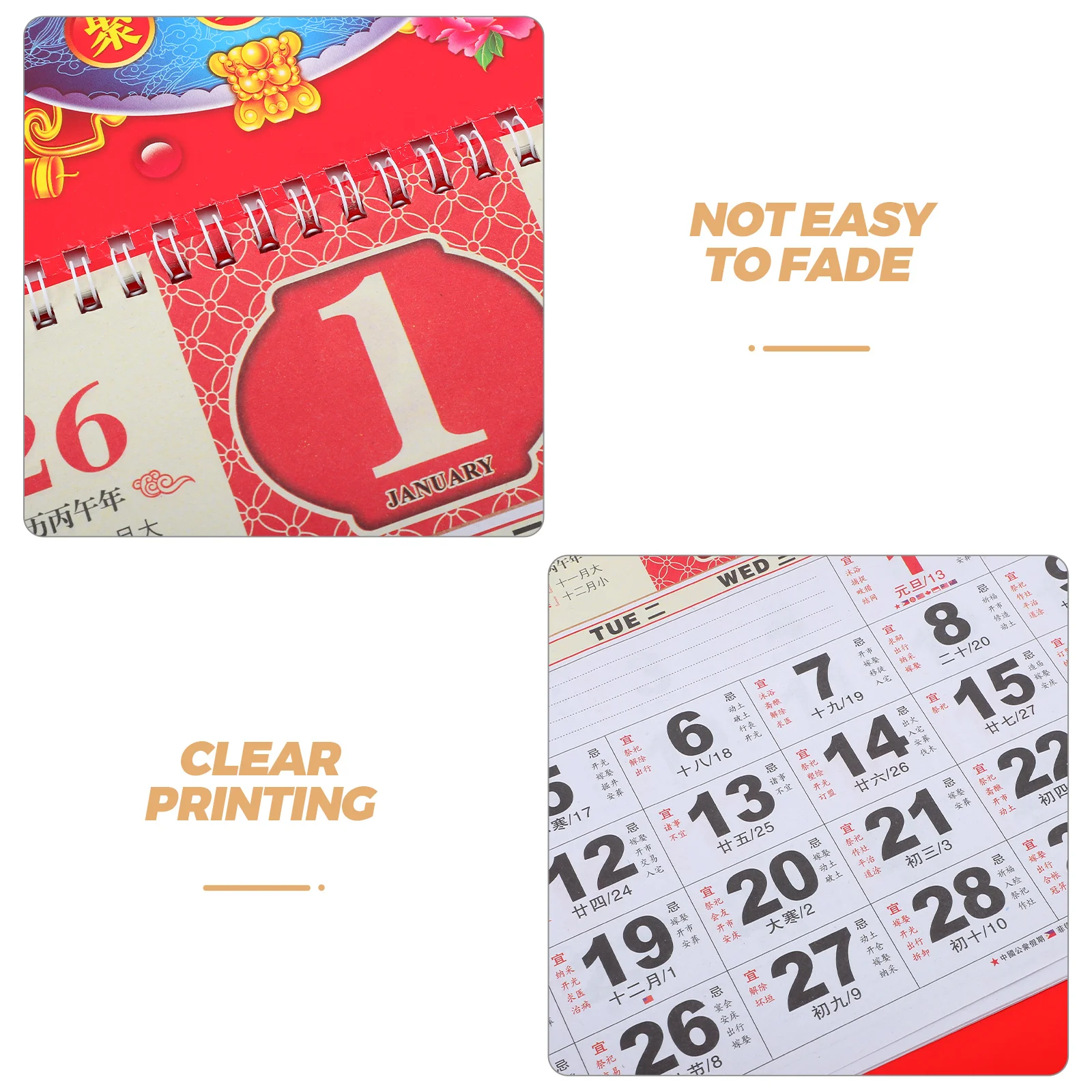 

Китайский лунный настенный календарь на 2026 год лошади — мультяшный узор, золотая фольга, стиль таблички с удачей, ежемесячный ежедневник