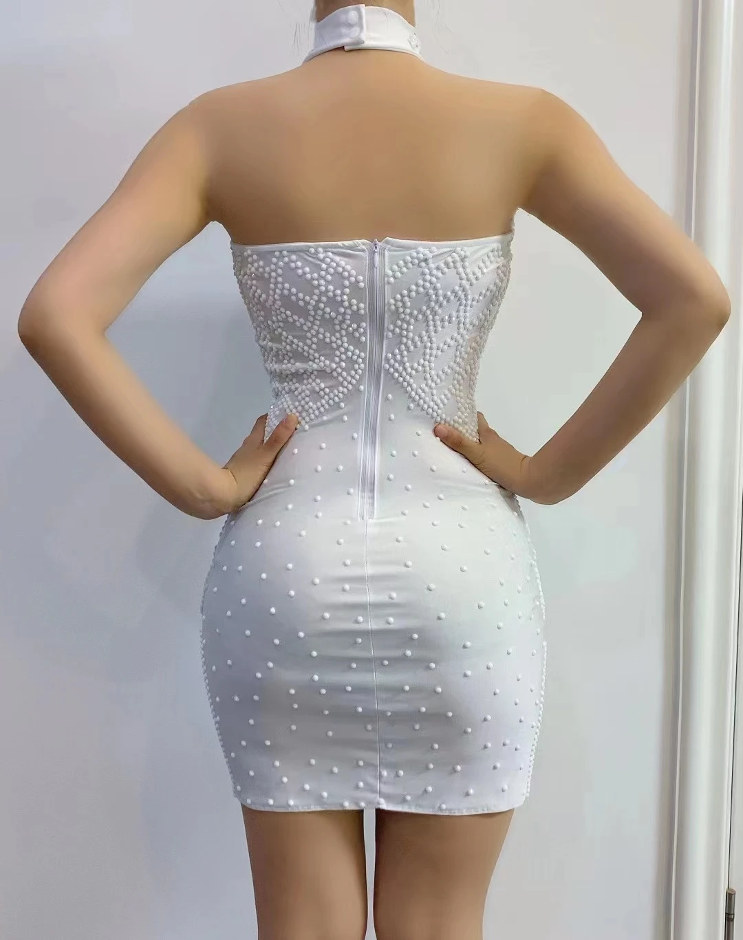 Heavy Industry Full Body White Pear WaterDiamond Slim Elastic Short Wrap Hip EveningDress Stage Performance  A423