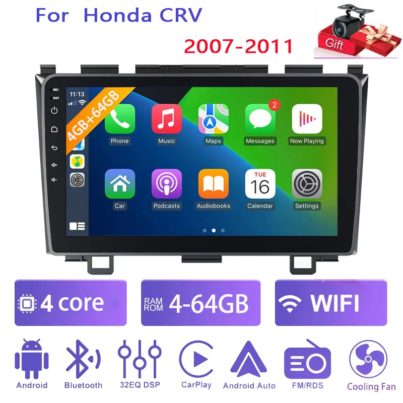 

9" Car Stereo Radio For Honda CRV 2007-2011 Wireless Apple Carplay Android Auto Head Unit BT GPS 4+64GB Rear Camera