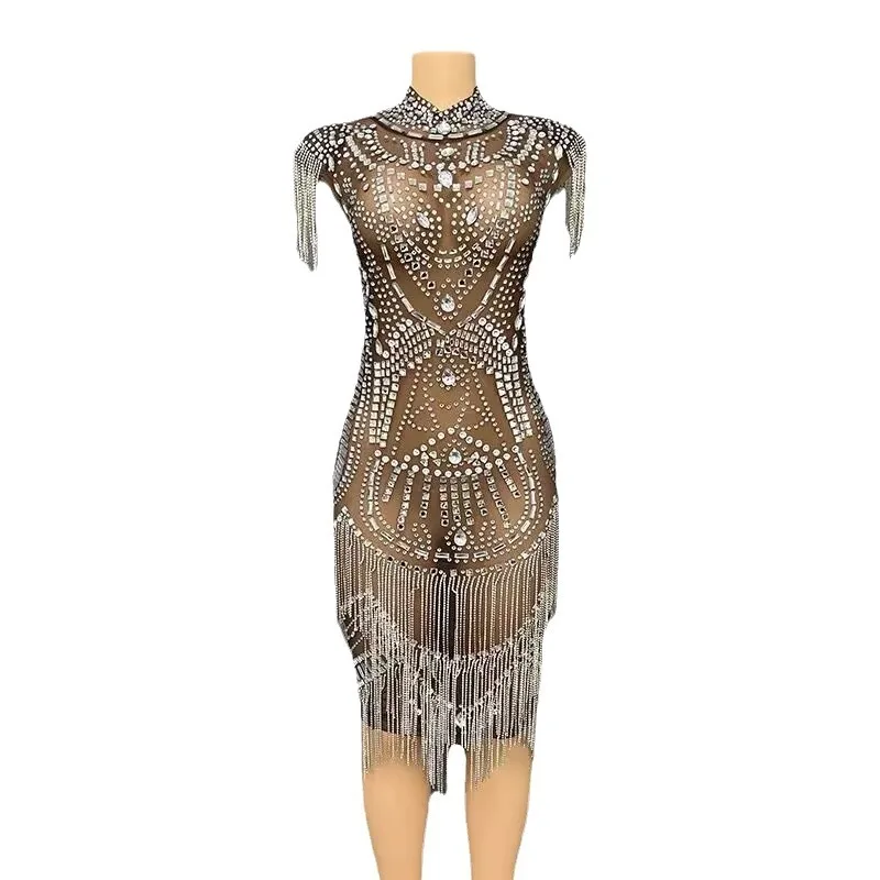 

Diamond Sleeveless Tassel Dress Ladies Elegant Dance Party Stunning Korean Version Chic Sequined Gowns Robe Soirée Femme Mariage