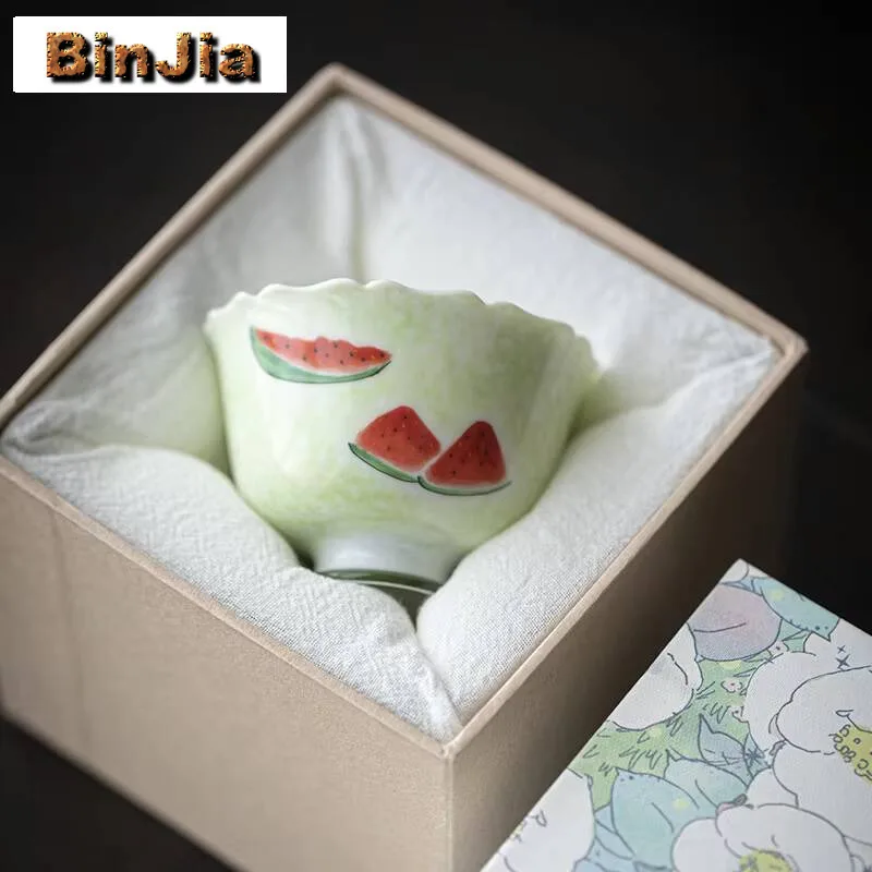 

80 мл ручная роспись арбузный цветок чашка рот высокая нога мастер чашка литерати чайная миска посуда для медитации посуда для напитков подарочная коробка