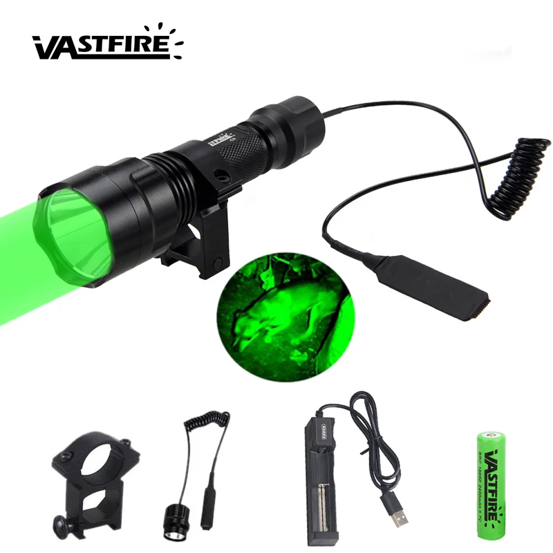 C8 Green/Red/White Led Flashlight Tactical Hunting Torch Lantern+Rifle Scope Airsoft Mount Clip+Remote Switch+18650+USB Charger