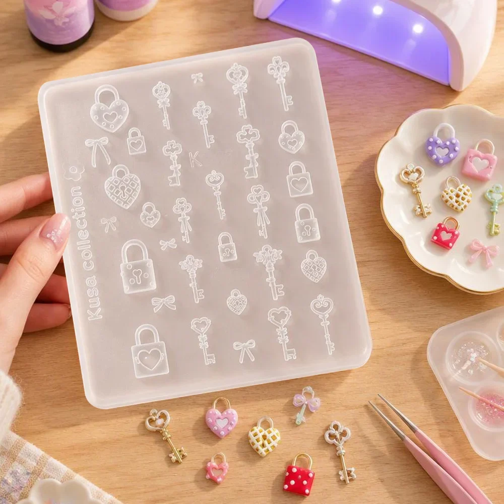 3D Retro Key Heart Lock Silicone Stamping Template Mini Charm Pendant Making Mold DIY Nail Art Decorations Manicure for Beginner