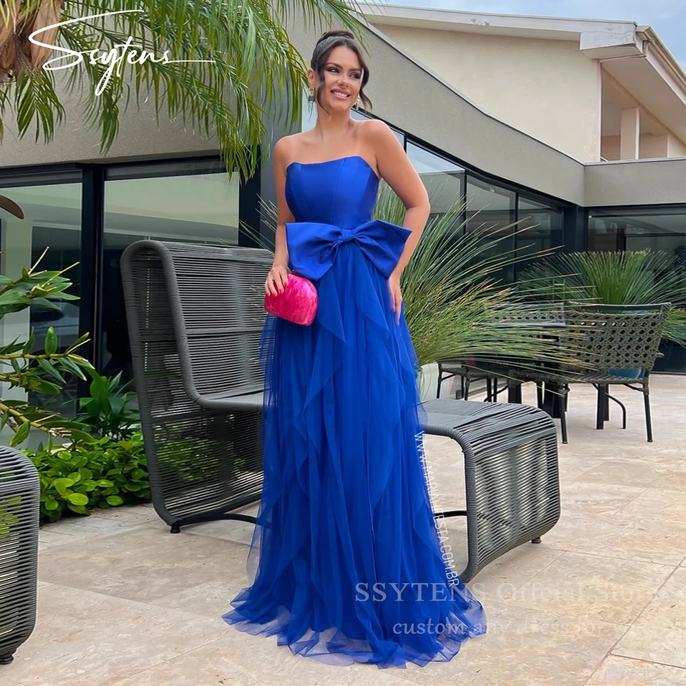 

SSYTENS Elegant Royal Blue Floor Length Evening Dresses Stain فساتين Bow Celebrity Party Dress Tiered Tulle Prom Party Gown