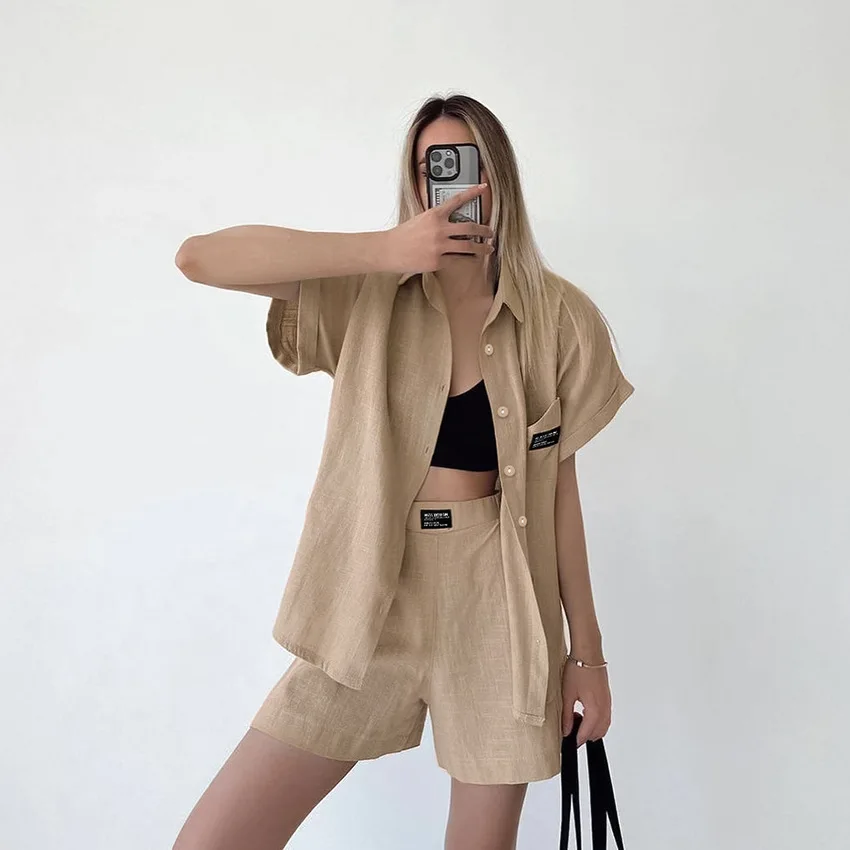 New Short Sleeve Shirt Coat Women's High Waist Shorts Set Casual Temperament Commuter European and American Style 2023