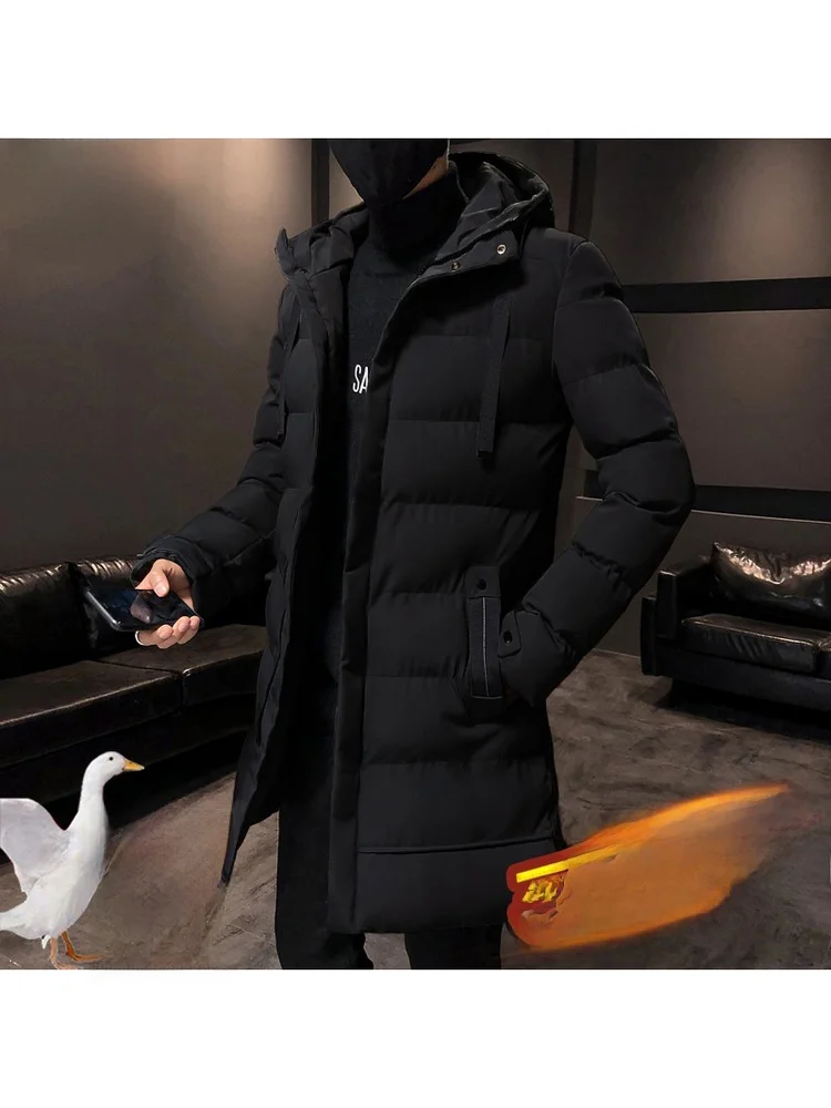 

Мужское зимнее теплое пальто средней длины с капюшоном, свободного кроя, в корейском стиле, повседневное, модное, из утолщенного полиэфирного волокна