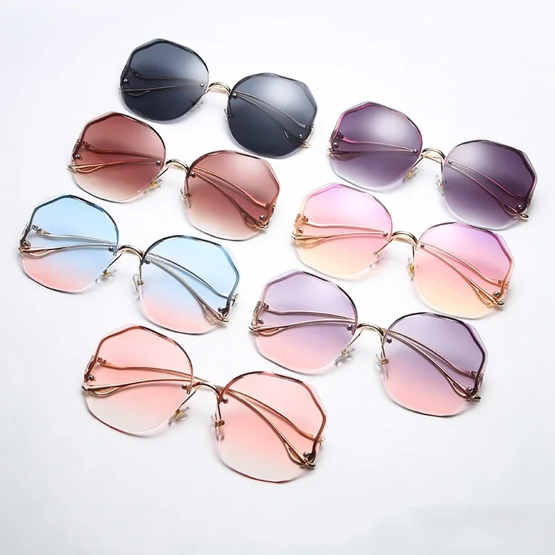 female Luxury Round Gradient Sunglasses Women Metal Curved Temples Ladies UV400 Eyewear Ocean Rimless Sun Glasses Oculos De Sol