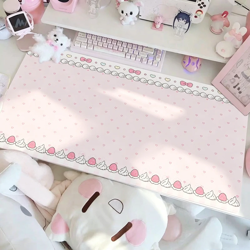 PU Leather Mouse Pad Sweet Pink Girl Strawberry Lace Star Bow Mouse Pad Office Desk Mat Waterproof Non-Slip PU Desk Blotter Pad