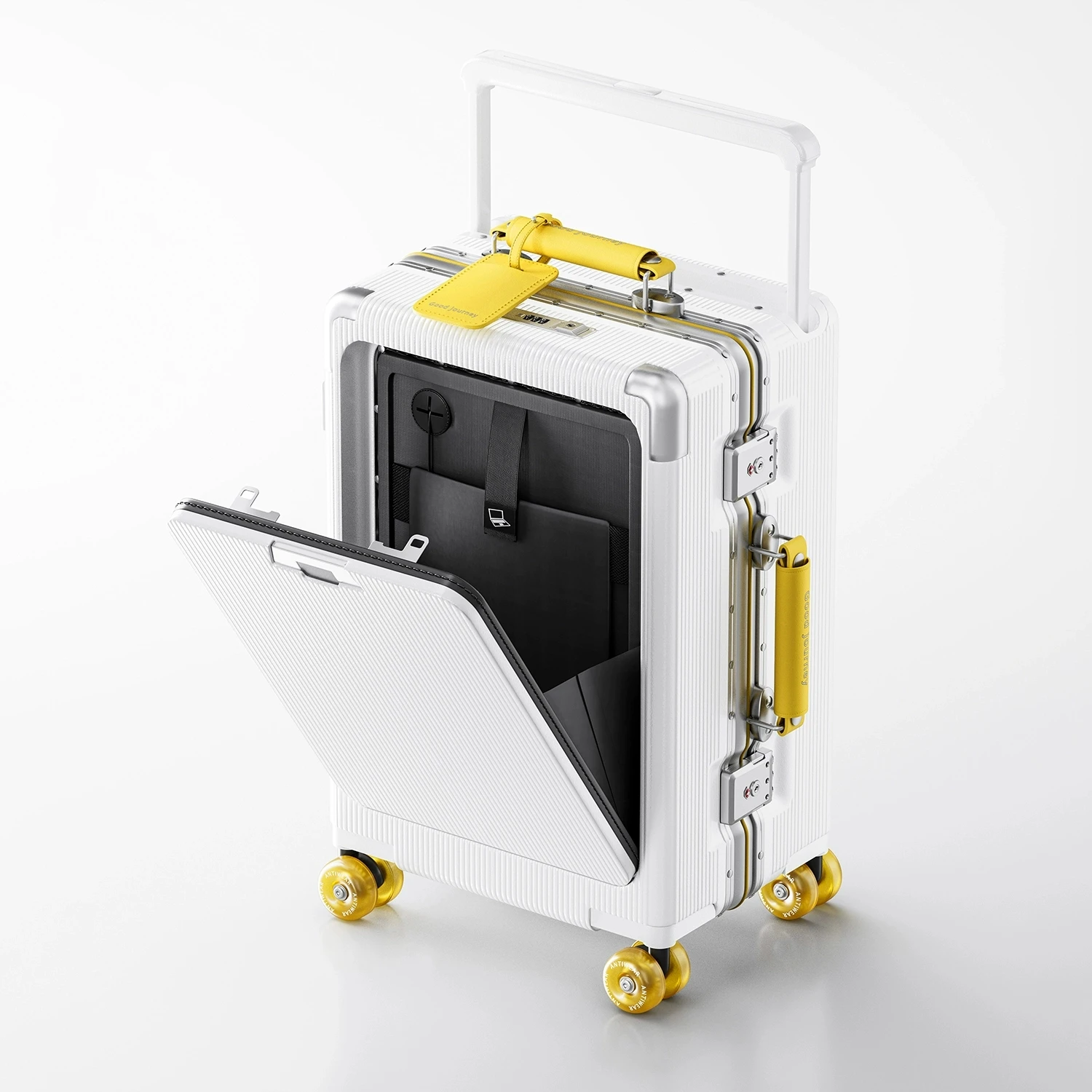 حقيبة فتح أمامية بمقبض واسع حقيبة تروللي بعجلات مع إطار من الألومنيوم عجلة دوارة ملونة قابس شحن USB 20 أمتعة دوارة #2