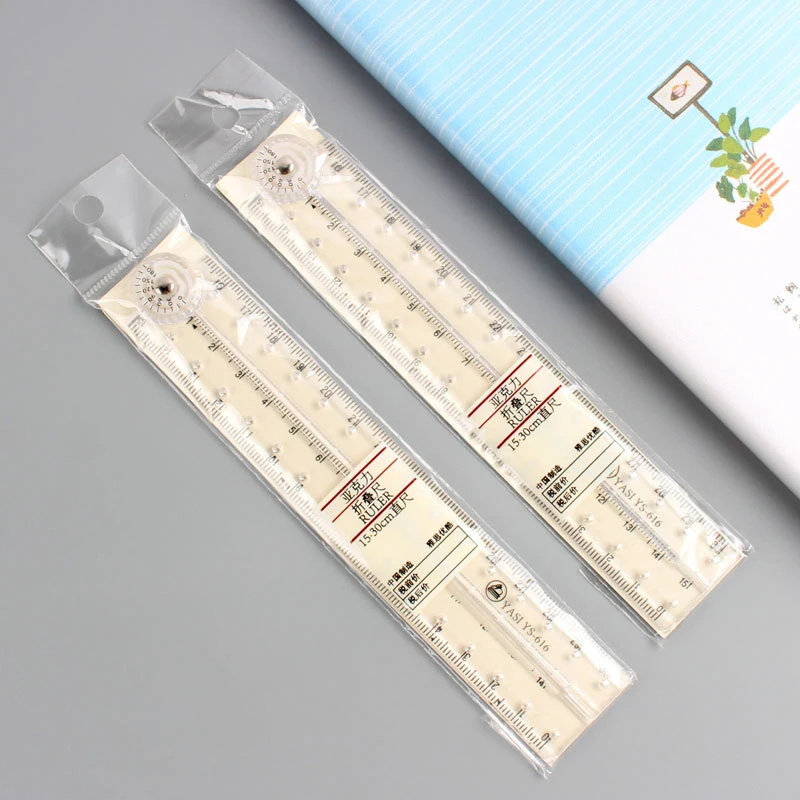 1Pc 30cm Acrylic Transparent Folding Ruler Students Stationery Drawing Measuring Tools Straight Rulers with Small Protractor