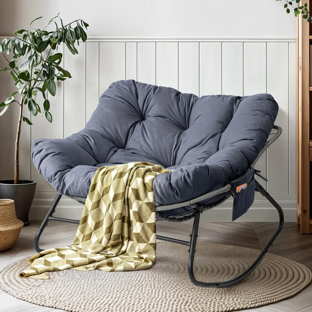 outdoor papasan rocking chair, oversized patio rocking chairs with thick cushion and removable side pockets, rocker egg chair f