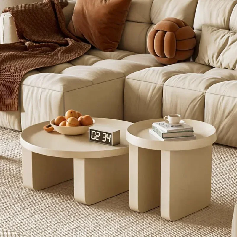 Nordic Cream Color Coffee Table Set Round Modern Living Room Table with Two Sizes Minimalist Stylish Accent Table