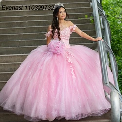 EVLAST Customized Pink Off Shoulder Quinceanera Dress Ball Gown Applique Beaded Corset Sweet 16 Vestidos De 15 Años TQD847