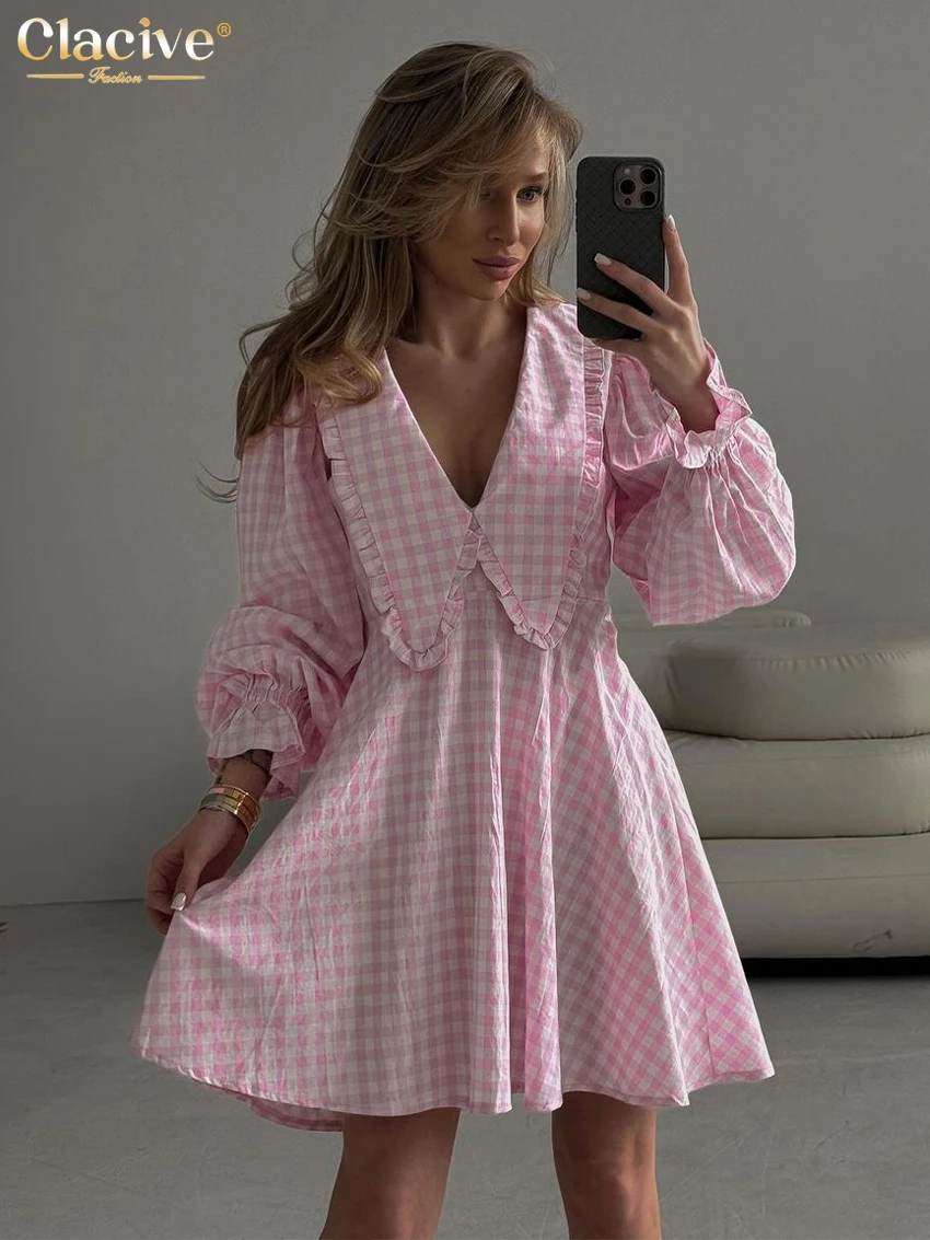 Modna luźna w kratę bawełniana sukienka damska elegancka obroża dla lalek z długim rękawem biurowe Mini sukienki na co dzień klasyczne damska sukienka