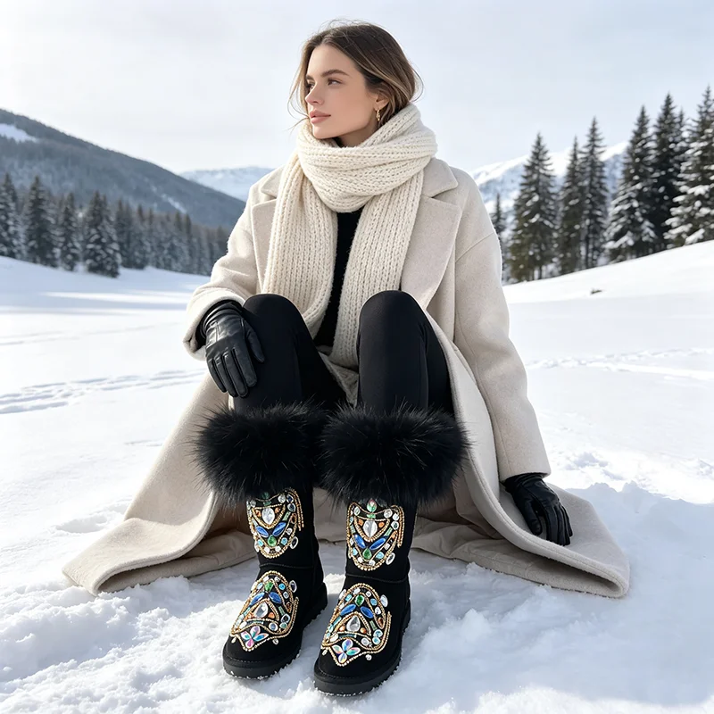 Neue Schneestiefel für Damen, Echtfell, Strass, Handgefertigt, Warme Flache Knöchelstiefel, Wildleder, Bequeme Freizeitschuhe für Damen