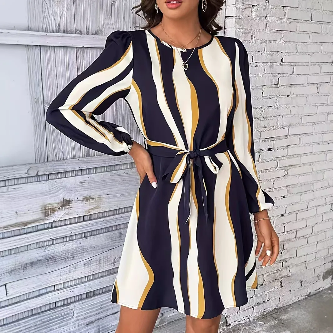 

Women'S Multicolor Striped Round Neck Lantern Sleeve Belt Dress Fashion Long-Sleeved Dress