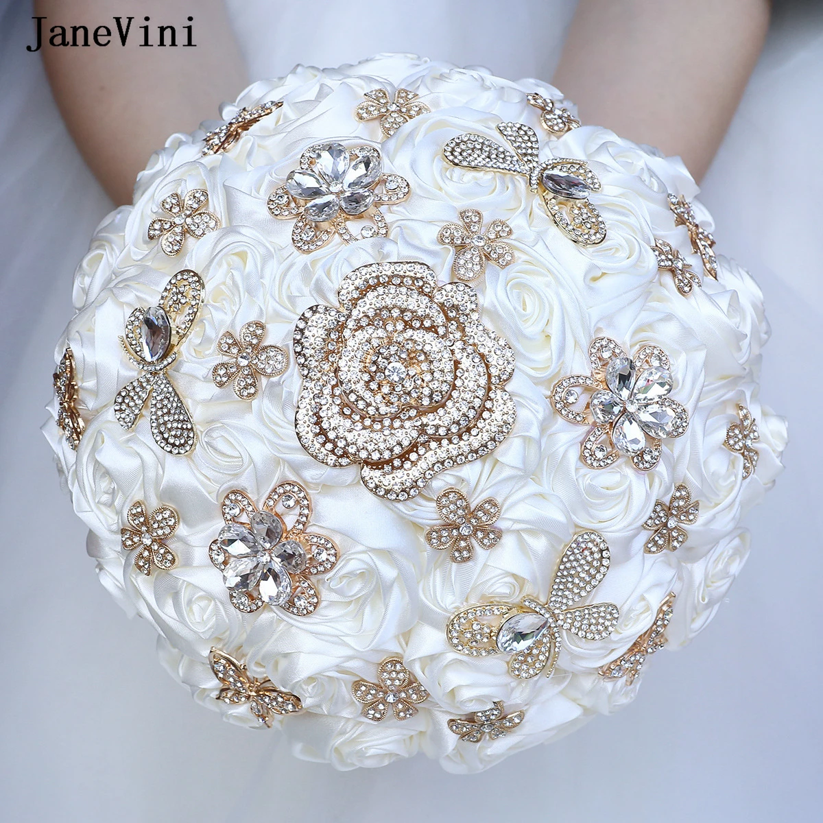 JaneVini European Ivory Bridal Bouquets with Golden Rhinestones Artificial Satin Roses Bride Bouquet Flowers Wedding Accessories