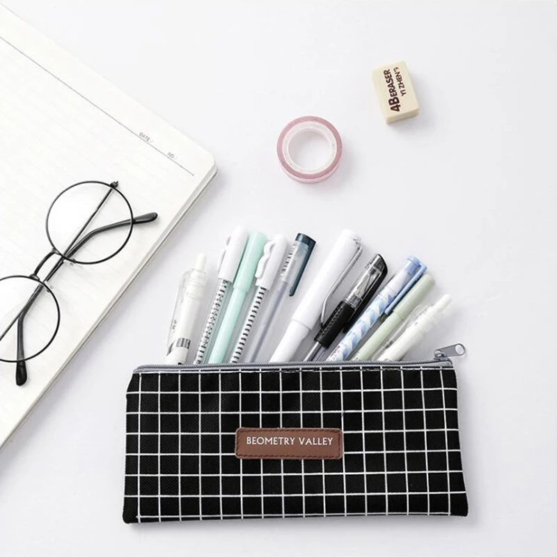 1PCS Small Fresh Lattice Dots Pencil Case Office Stationery and School Supplies High Capacity Canvas Material Pencil Bag